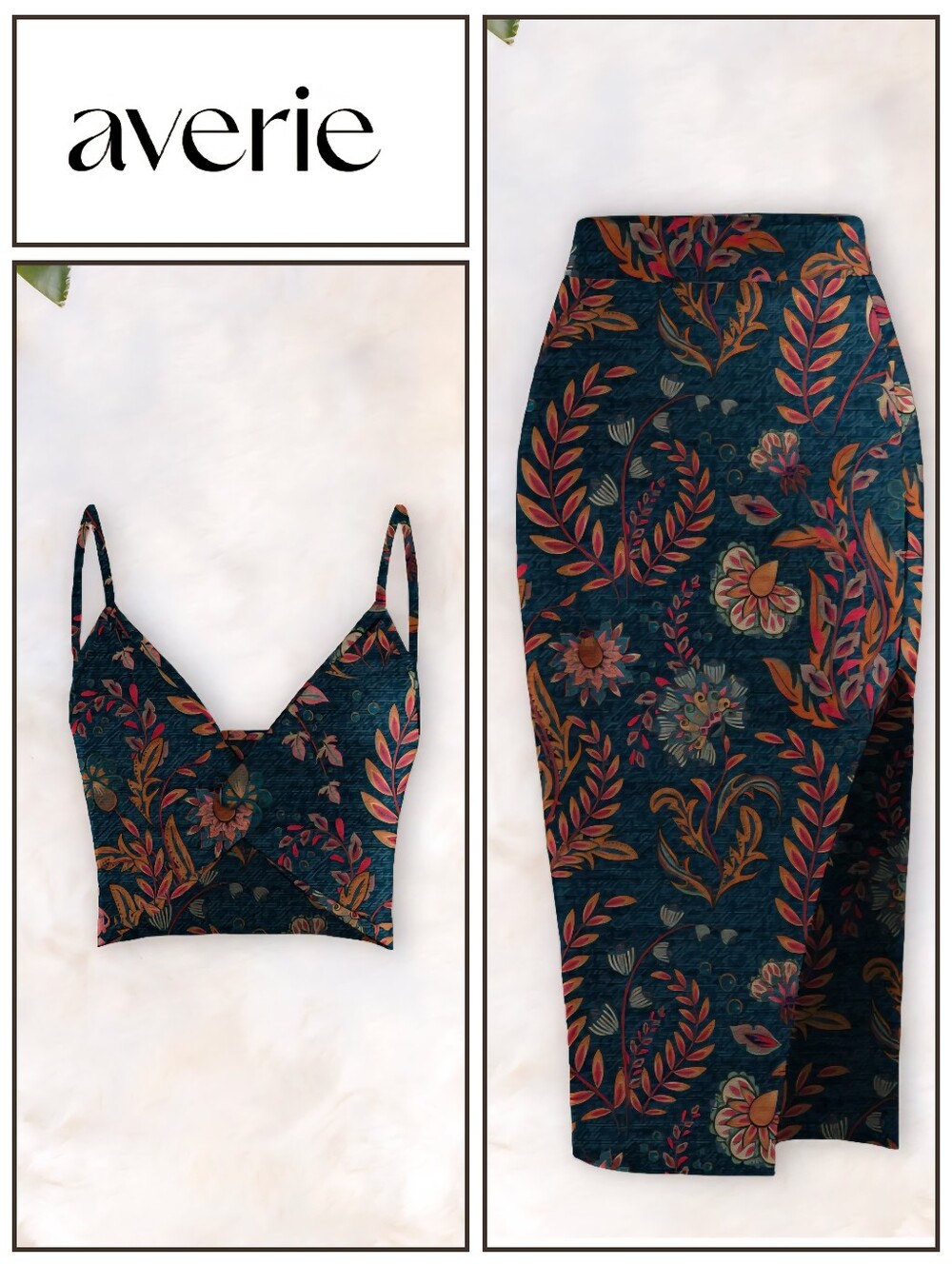 Averie Size M Halley Set Floral Twist Knot Cutout Top Midi Skirt Colbalt Blue